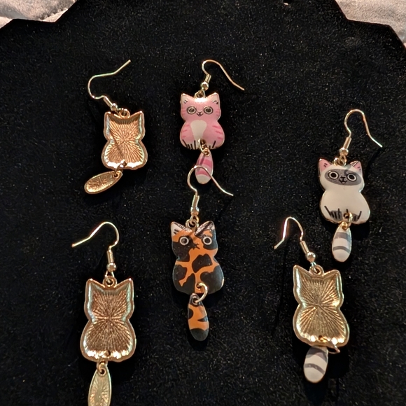 3 Pairs Cute Cat Earrings Set in Pink/ White, White/ Gray, and Orange/ Black - Picture 3 of 3